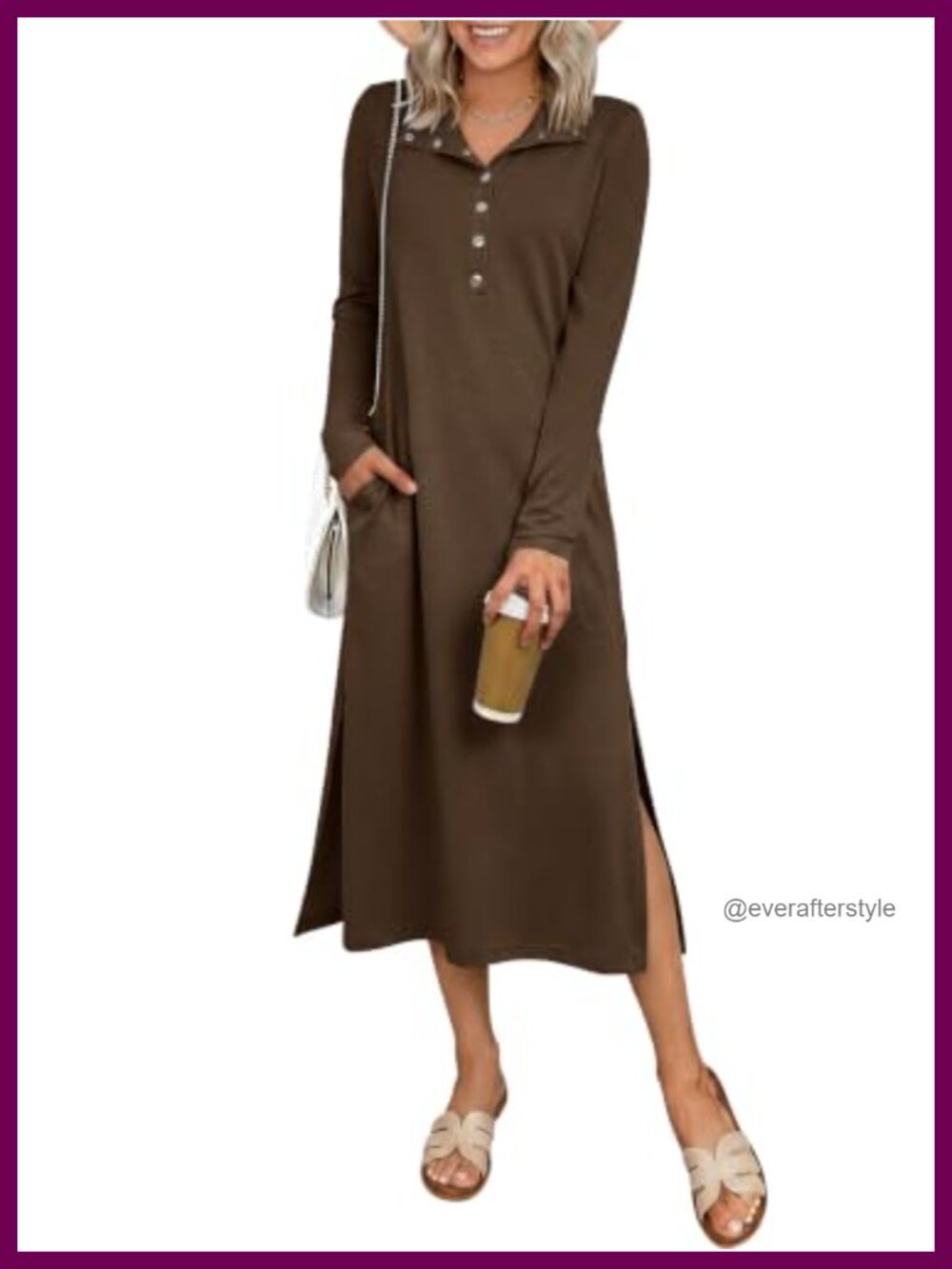 Womens Long Sleeve Midi Dress with Pockets Henley V Neck Casual
